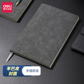 得力(deli)16K/120张羊巴皮笔记本子 加厚软面皮面本记事本日记本办公用品 灰色3345