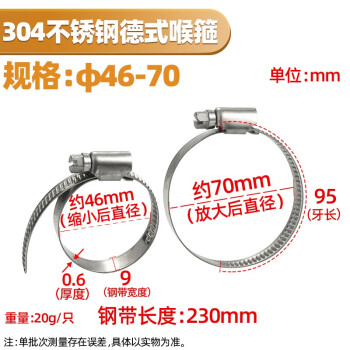 源生不锈钢 304不锈钢德式卡箍喉箍抱箍管卡管夹管箍 46--70 10只价