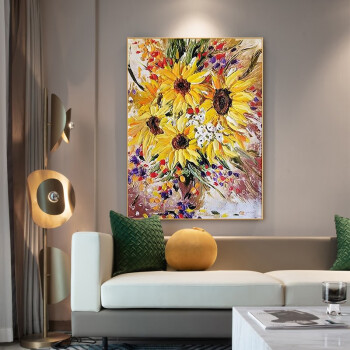灵飞风彩油画纯手绘向日葵花卉现代简约客厅餐厅沙发背景墙装饰画现代