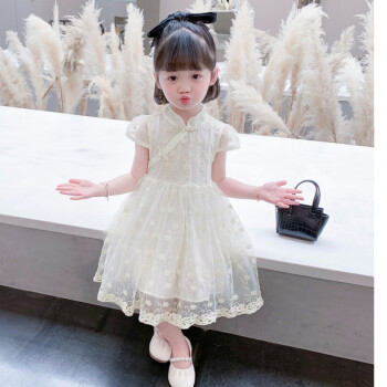 女童连衣裙夏季儿童公主裙小女孩网红蓬蓬裙中国风复古旗袍裙米白色