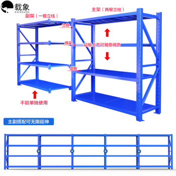 载象中型货架仓储仓库货物架多层置物架库房储物架展示架铁架子200*60*200四层主架300Kg