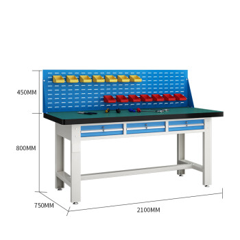 建功立业工作台GY5324车间操作钳工桌单挂板平三抽2.1米复合台面
