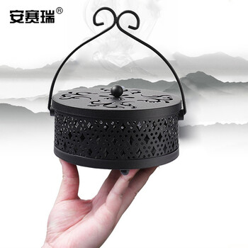 安赛瑞 蚊香盒 香薰炉 盘香盒防火蚊香盒便携蚊香架带盖 圆形图腾款  黑色 710994