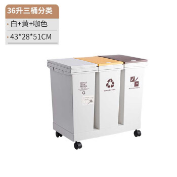 集华世 按压式干湿分离塑料移动分类垃圾桶【36L三桶分类】JHS-0081