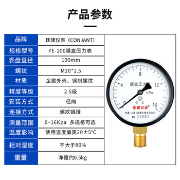 匡建仪表（CONJANT）YE-100 膜盒压力表天然气燃气微压表 0-16kpa