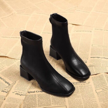 靴子2021新款秋冬季中跟粗跟高跟方头弹力靴马丁靴白色短靴女黑色单里