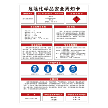 nfh34 危险化学品安全周知卡 环己酮 60*40厘米 pvc塑料板