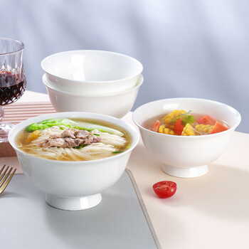 斯凯绨（Sky Top）陶瓷面碗骨瓷米饭碗纯白防烫高脚碗家用餐具6.25英寸4件套装