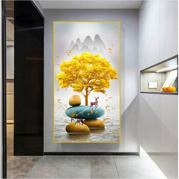 玥桦玄关装饰画走廊过道背景墙壁画简约现代竖款贴画金鹿报喜70150单