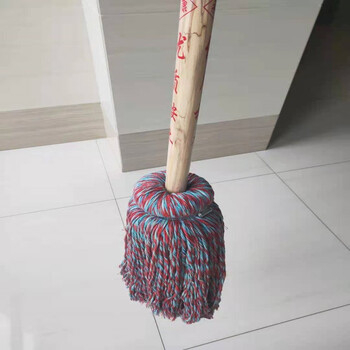 鸣固 老式拖把 棉线墩布白圆头加固木杆 大堂尘推拖布工厂物业吸水拖把 红蓝线