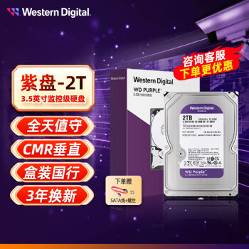 西部数据（WD） 紫盘  SATA接口  安防录像监控录像机 CMR垂直 3.5英寸台式机械硬盘 2TB 紫盘【WD23PURZ】
