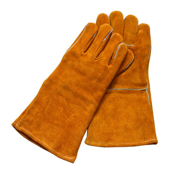者也 牛皮电焊手套 黄色隔热焊接半皮加长劳保革袖 双层加厚1付