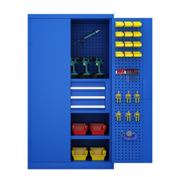 天旦重型工具柜TD-J1073车间抽屉式零件储物柜带挂板三抽蓝色