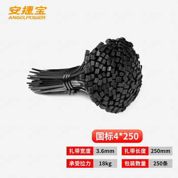 安捷宝  黑色自锁式尼龙扎带3.6*250mm强力捆绑固定卡扣塑料束线带250条装 AZ-4×250B