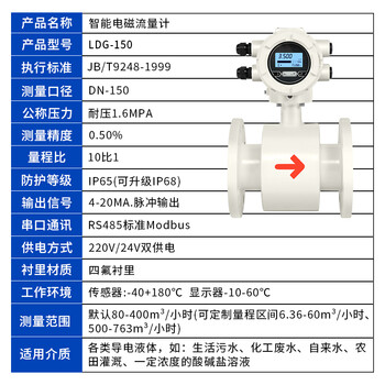 匡建仪表（CONJANT）LDG型一体式电磁流量计 高精度电子传感器数显水流量表白色款 四氟衬里DN150