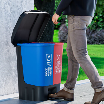 纽仕达 80L升户外双桶分类垃圾桶干湿分类分离上海商用脚踏拉圾桶 红绿色（有害垃圾/厨余垃圾）
