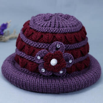 帽子女式奶奶针织保暖帽中老年加绒厚毛线盆帽老太太帽紫色五钻有弹力