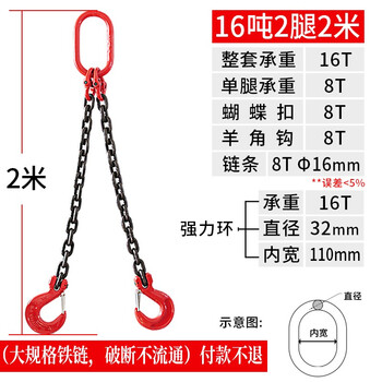 越越尚  起重链条吊索具16吨2腿2米 起重吊钩吊环组合铁链起重吊具吊车吊链  YYS-DSJ-062 白色