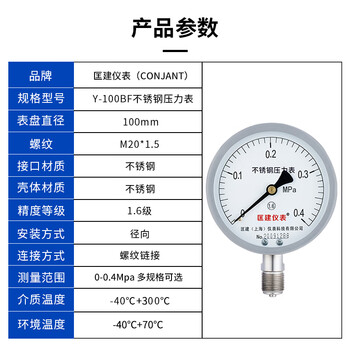 匡建仪表（CONJANT）Y-100BF 304不锈钢压力表 防腐耐高温抗酸碱 0-0.4mpa 表盘10厘米