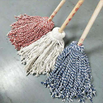 鸣固 老式拖把 棉线墩布白圆头加固木杆 大堂尘推拖布工厂物业吸水拖把 不锈钢抱箍棉纱