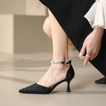 足姿媚（ZUZIMEI）过年正常发货！高跟鞋女细跟法式珍珠尖头设计感小众气质包头 黑色6cm 34