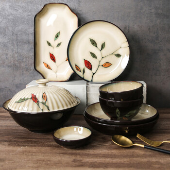 品质好物彩叶碗碟套装家用餐具套装碗盘碗筷碟碗套碗盘碟陶瓷组合彩叶