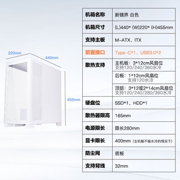先马（SAMA）新镜界 matx海景房机箱台式机白色 双面玻璃/可拆支柱/双U3+Type-C/支持背插主板360水冷/新境界
