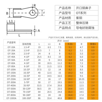 安捷宝 Angel power 紫铜开口鼻子电线接线端子国标加厚铜接头线耳20a-60a-100a-150a-1000a AB-OT150