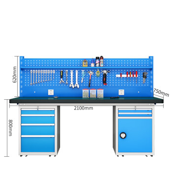 建功立业 重型工作台 钳工台2100*750*800+620mm工厂生产线打包台 211608左四抽右二抽一门带挂板棚板