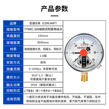 匡建仪表（CONJANT）YTNXC-100 耐震电接点压力表磁助式 30VA充油抗振 0-60mpa 径向