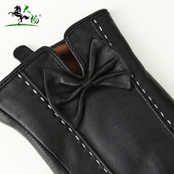大杨096保暖防寒皮手套女可触屏 黑色 蝴蝶结款 秋冬季加绒户外骑车开车棉手套 定制