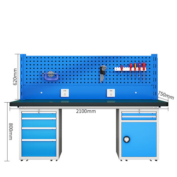 建功立业 重型工作台 钳工台2100*750*800+620mm物理实验桌电子检验台 211604左四抽右二抽一门带挂板