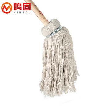 鸣固 老式拖把 棉线墩布白圆头加固木杆 大堂尘推拖布工厂物业吸水拖把 不锈钢抱箍棉纱
