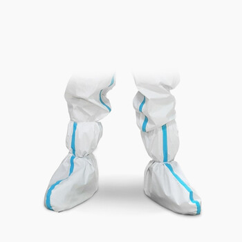 鸣固 一次性防护鞋套 无纺布隔离脚套 高筒型防水防护隔离鞋套 蓝边款 2只