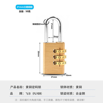 飞尔（FLYER）黄铜密码锁 防水防锈安全挂锁 行李箱包橱柜抽屉防盗迷你锁【3密码轮 213】