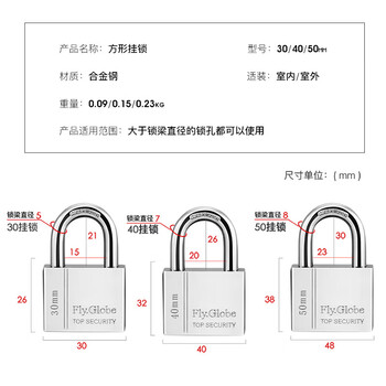 飞球（Fly.Globe）挂锁 防水防锈门锁工具箱包锁防盗窗锁FQ-W30mm