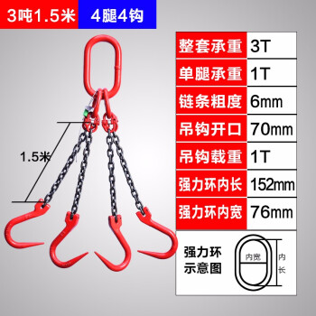 艾科堡 起重链条吊索具3吨1.5米4腿钢管钩大开口吊具吊挂钩组合吊装工具 AKB-DSJ-12