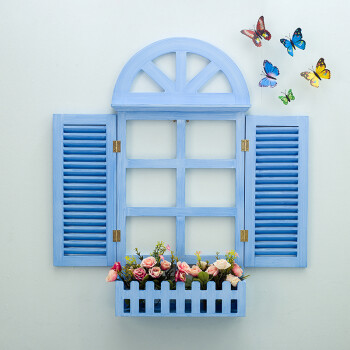 装饰仿真地中海风格百叶窗木质窗户餐厅墙面装饰特大号手工浅蓝色假窗