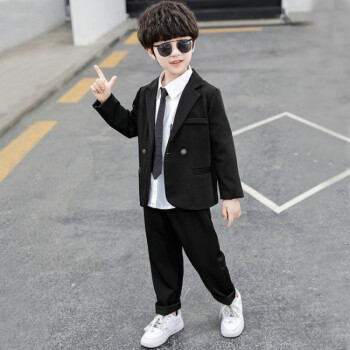 新款潮流春秋中小儿童男孩韩版礼服洋气黑色外套裤子90建议身高85左右