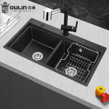 欧琳（OULIN）停售下架  光花岗岩石槽厨房洗菜盆GS204大双槽抗划痕 配106B复古精铜抽拉龙头  安装台面宽度要求≥580mm