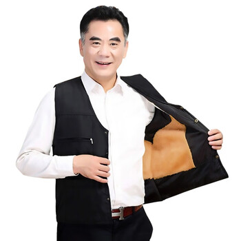 者也 中老年秋冬加绒加厚直筒宽松马甲户外休闲保暖防寒棉背心 黑色 2XL120-150斤