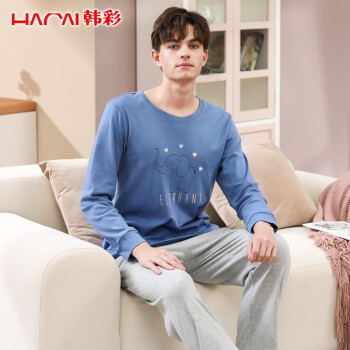 韩彩睡衣男春秋季纯棉情侣男女士家居服套装 宝石兰 男 3xl