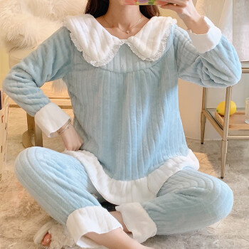 静鹿睡衣23款可选冬季法兰绒保暖圆领长袖睡衣套装加绒家居服蓝色公主