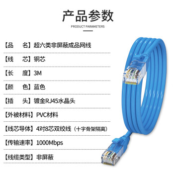 ABLEMEN CAT6类网线 非屏蔽8芯双绞成品 蓝 3米