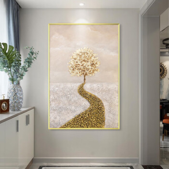 艺莫斯石来运转发财树玄关装饰画竖版轻奢手绘油画现代简约入户玄关