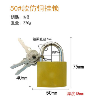 驼铃纵横 AQQJ0008 仿铜挂锁防盗锁防锈防水门锁锁头小锁子柜子抽屉箱锁 50#一字