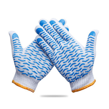 者也（ZYE）防滑耐磨棉纱点塑手套搬货工地车间透气防护手套 蓝纹棉纱防滑手套【12双】