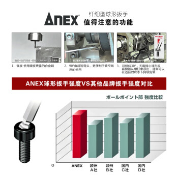 安力士牌（ANEX）进口纤细型球形内六角扳手HB2009(含加磁器)短弯头球头六角匙扳手套装(1.5mm-10mm)9支装