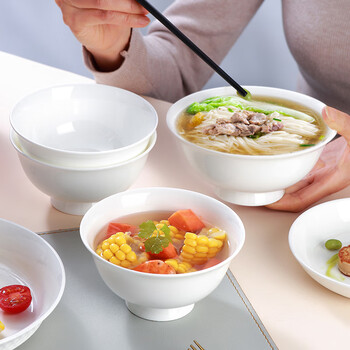 斯凯绨（Sky Top）陶瓷面碗骨瓷米饭碗纯白防烫高脚碗家用餐具6.25英寸4件套装