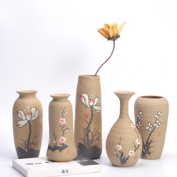 景德镇陶瓷花瓶素陶手绘小陶罐中式花瓶摆件创意家居装饰插花花器j 五